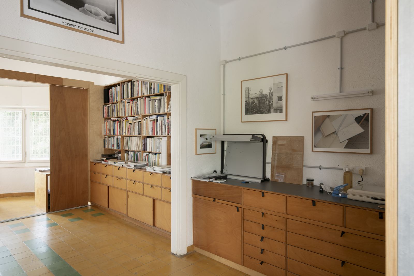 Bauhaus interior with wooden bookshelves
